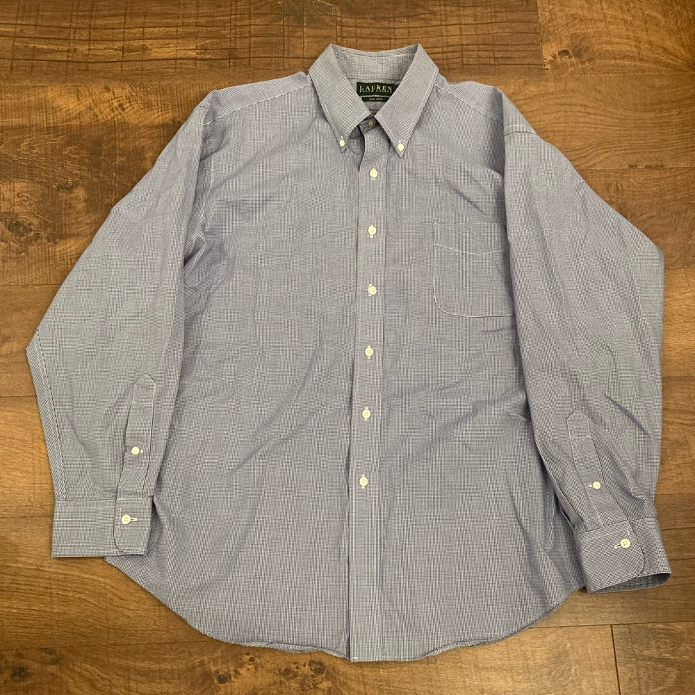 Lauren Ralph Lauren Men's Blue White Gingham Casual ButtonUp Shirt Men’s Neck 18